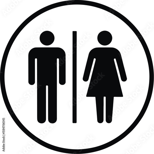 A restroom sign with a man and woman symbol in a black circle on a white background in a close up view