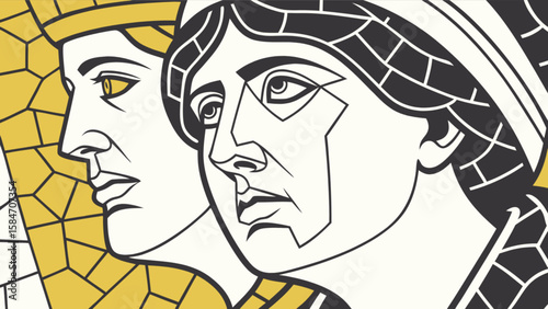 Byzantine mosaic art style portrait of emperor and empress with gold and black color scheme design