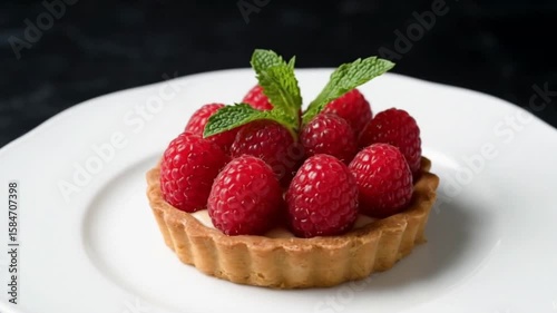 Raspberry tart topped with mint on a white plate