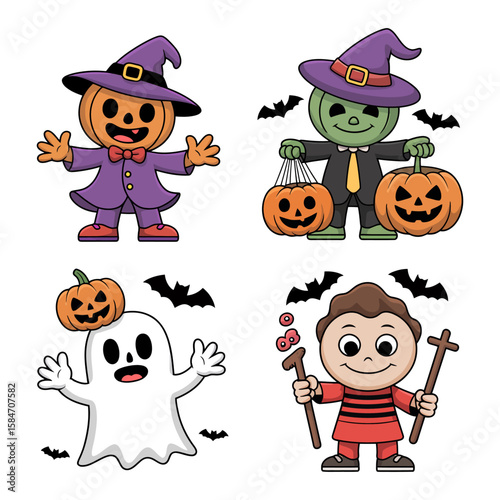 Vector art of a collection of cute cartoon halloween characters isolated on white background, including a pumpkin, ghost, witch, and monster
