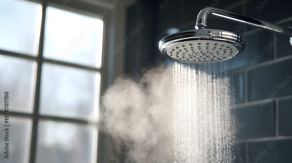 Obraz premium The Power of Steam A chrome showerhead emits hot steam into the air, backlit by morning sunlight.