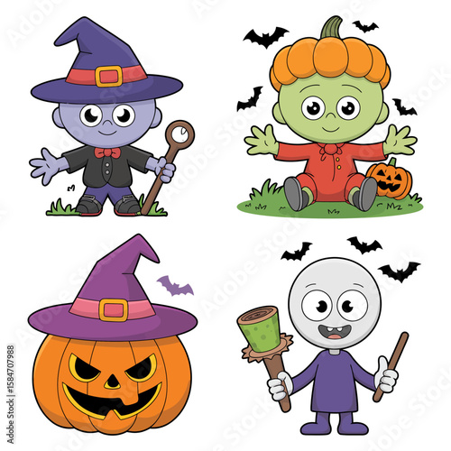 Vector art of a collection of halloween characters including pumpkins, ghosts, witches and bats isolated on white background