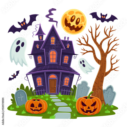 Spooky haunted house with pumpkins bats and ghosts for halloween celebration