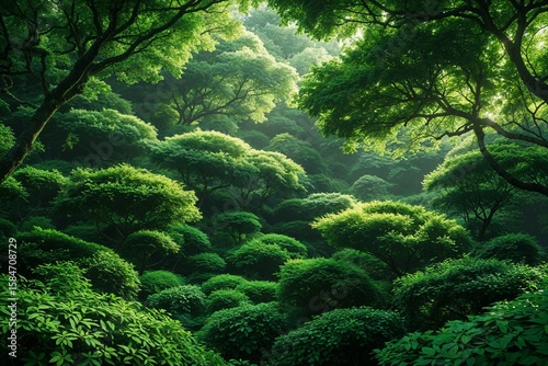 A lush green forest with dense trees and vibrant foliage creates a tranquil and serene natural landscape