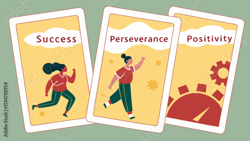 Illustration of three cards depicting success, perseverance, and positivity with figures and symbols