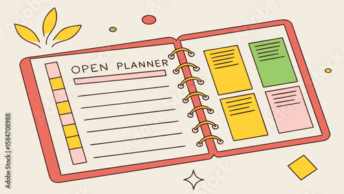 Illustration of an open planner with colorful sticky notes and leaves, with a spiral binding and lines