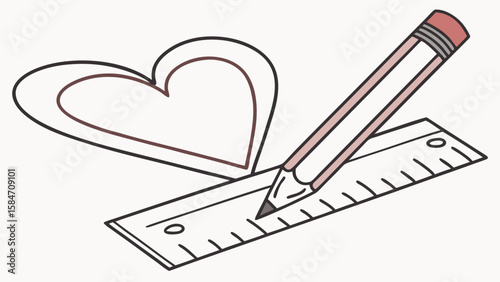 Pencil drawing a heart shape with a ruler for precision and accuracy on a white background scene shown