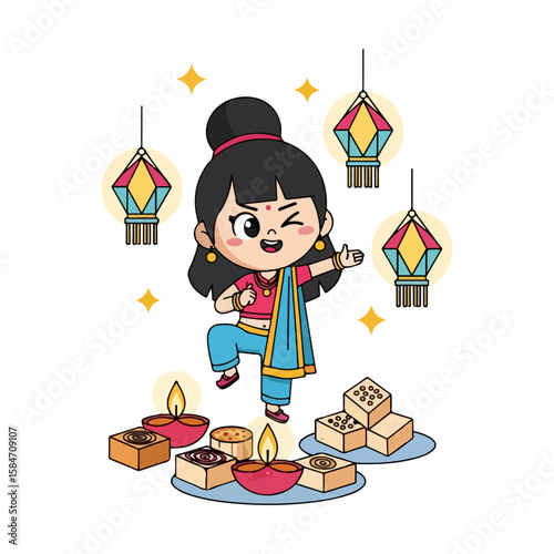 Cartoon character with lanterns and sweets, Diwali festival. Vector flat design cartoon. AI generated images.	