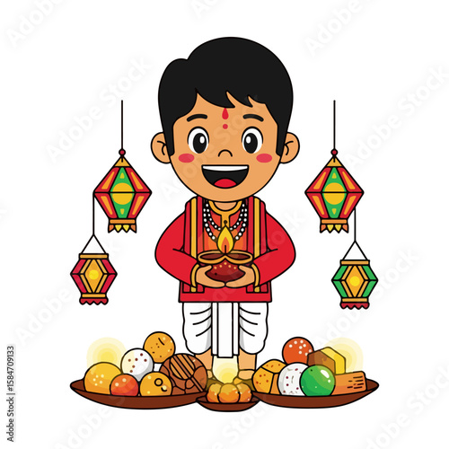 Cartoon character with lanterns and sweets, Diwali festival. Vector flat design cartoon. AI generated images.	