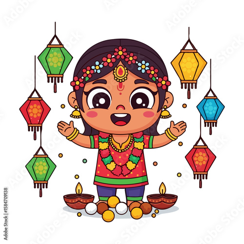 Cartoon character with lanterns and sweets, Diwali festival. Vector flat design cartoon. AI generated images.	