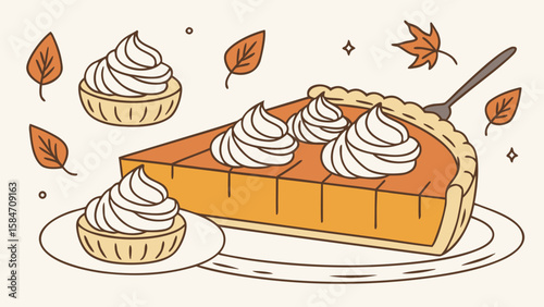 Illustration of pumpkin pie slice with whipped cream and mini pies with autumn leaves around it