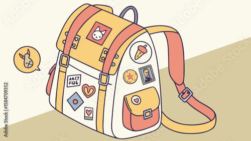 Illustration of a backpack with straps and various patches including a cat and acorn on a light background