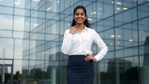 Smiling woman in skirt  shirt stands before a mirrored office building