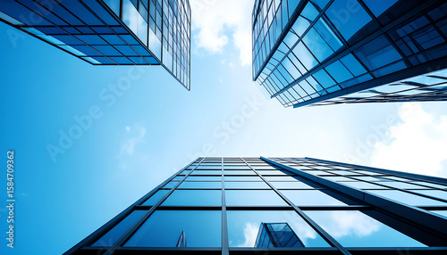 Modern skyscrapers rise against a clear blue sky, showcasing sleek glass facades and reflecting light beautifully