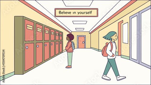 Illustration of two students in a school hallway with lockers and a motivational sign that says believe in yourself