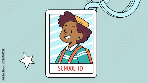 Illustration of a school id badge with a student photo and a star on a light blue background