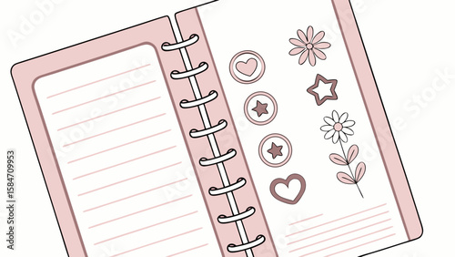 Open pink notebook with lined pages and spiral binding decorated with heart star and flower stickers