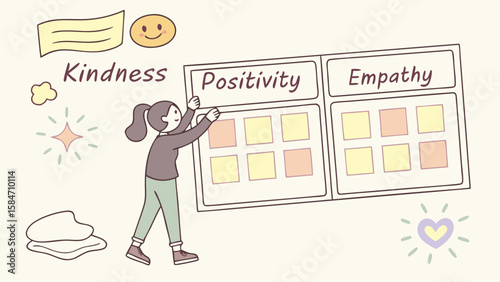 Illustration featuring a woman interacting with a board labeled positivity and empathy with kindness nearby