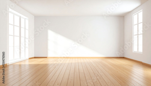 Bright, empty room with wooden flooring and large windows, allowing natural light to fill the space