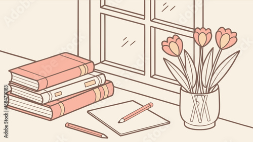 Cozy study room illustration with books tulips window and stationery for relaxation and inspiration art