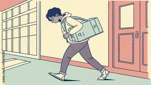 A person carrying a heavy bag walks past a window and door in a building with a muted color palette