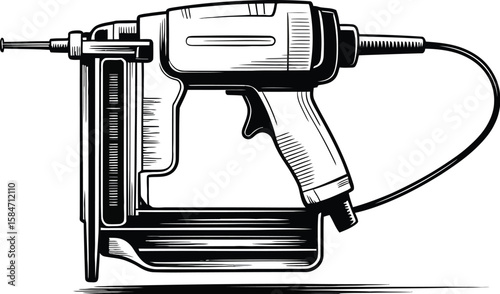 A black and white illustration of a staple gun with a cord on a white background in a simple design