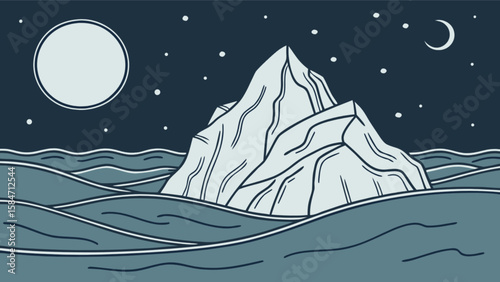 Iceberg floating in ocean at night vector illustration, arctic landscape with moon and starry sky scene
