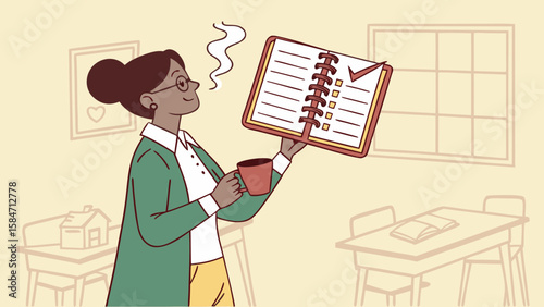 Woman with glasses holding a checklist and a coffee mug in a room with a window and furniture