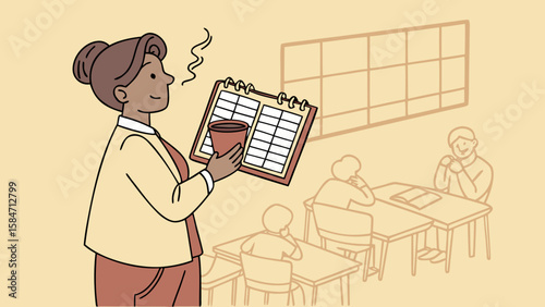 Woman holding a planner and a steaming cup in a classroom with students and a window grid design