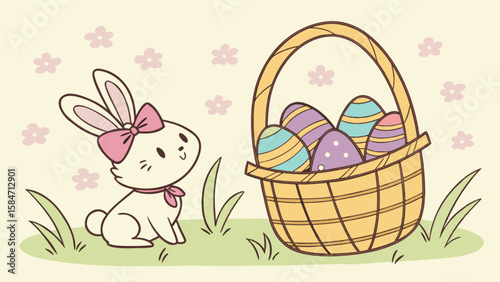 Cute easter bunny with easter eggs in basket cartoon illustration spring holiday clip art vector image