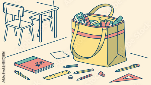 Illustration of a classroom scene with a desk, chair, bag, and various school supplies scattered around