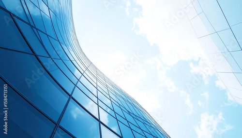 A modern architectural view looking up at curved glass buildings against a blue sky with clouds