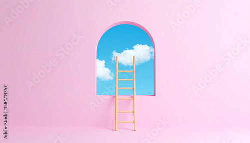 A pastel pink wall features an arch window revealing a blue sky with clouds, complemented by a wooden ladder leaning against it