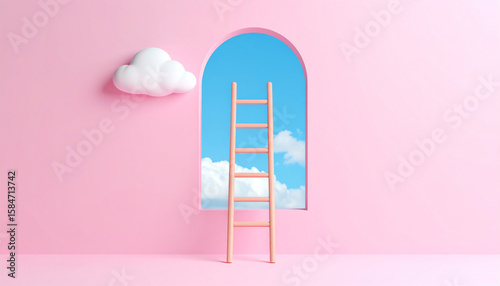A wooden ladder leans against a pink wall, framed by a window showing a bright sky with clouds and a whimsical cloud nearby