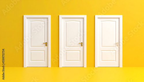 Three white doors stand against a vibrant yellow wall, creating a striking and modern visual contrast in a minimalist style
