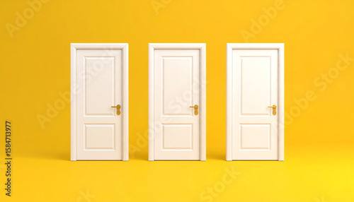 Three white doors stand against a bright yellow background, symbolizing choices or opportunities