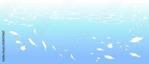 魚群と水面のシルエットの背景イラスト　海　水中