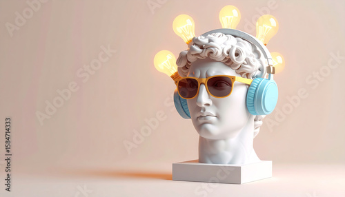 A modern bust wearing headphones and sunglasses, illuminated by light bulbs, blending classical art with contemporary elements
