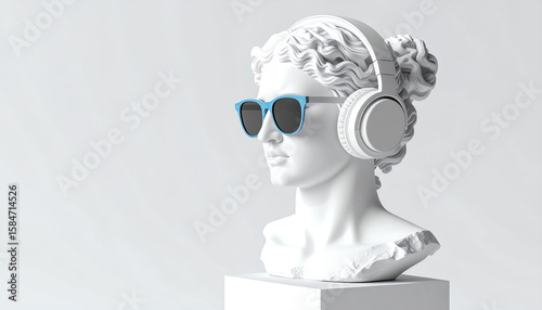 A modern bust wearing headphones and sunglasses, blending classical art with contemporary fashion and technology