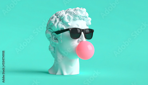 A modern sculpture of a classical bust wearing sunglasses and blowing a pink bubble gum against a vibrant turquoise background