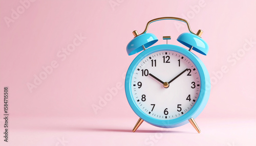 A vibrant blue alarm clock stands against a soft pink background, symbolizing the passage of time and the importance of punctuality in daily life