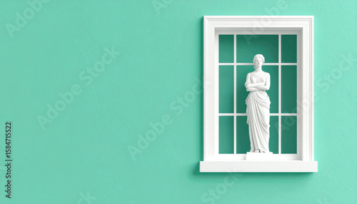 A white statue stands elegantly in a window against a vibrant teal wall, creating a striking visual contrast and a modern aesthetic