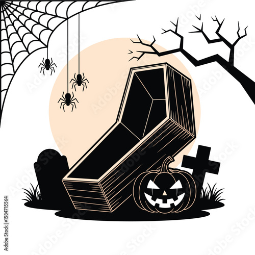 Halloween coffin with pumpkin, spider web, and gravestones vector illustration.