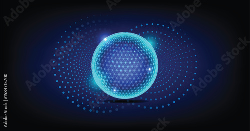 Futuristic digital sphere with glowing blue dot grid network structure on dark background, representing artificial intelligence, data communication, virtual connectivity, and modern tech visualization