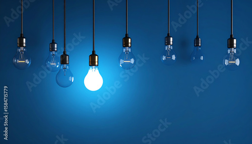 Hanging light bulbs illuminate a blue background, with one bulb glowing brightly, creating a striking contrast and a modern aesthetic