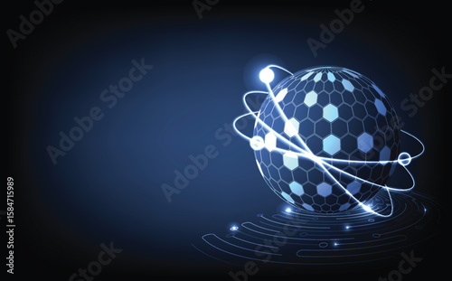 Futuristic digital hexagon sphere with glowing particle orbit and quantum design, representing AI, nanotechnology, big data, and high-tech innovation in a modern science and virtual computing