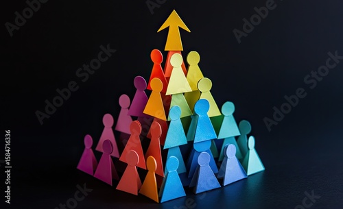 A pyramid of paper people in different colors standing on each other's shoulders, symbolizing the company structure with blue figures at the bottom and red ones above, set against a black background.