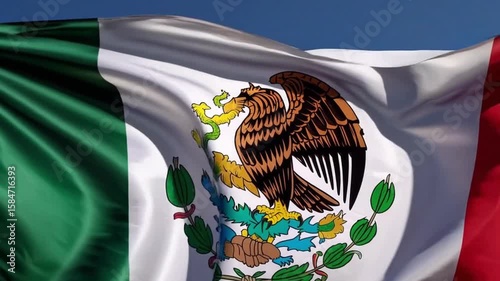 A fluttering Mexican flag against a bright blue sky, symbolising national pride and identity. The flag displays vibrant colours and intricate details, representing a nation's history and culture