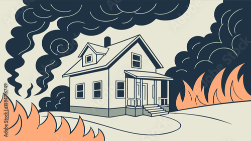 House fire danger illustration of home on fire with smoke and flames for safety awareness campaign