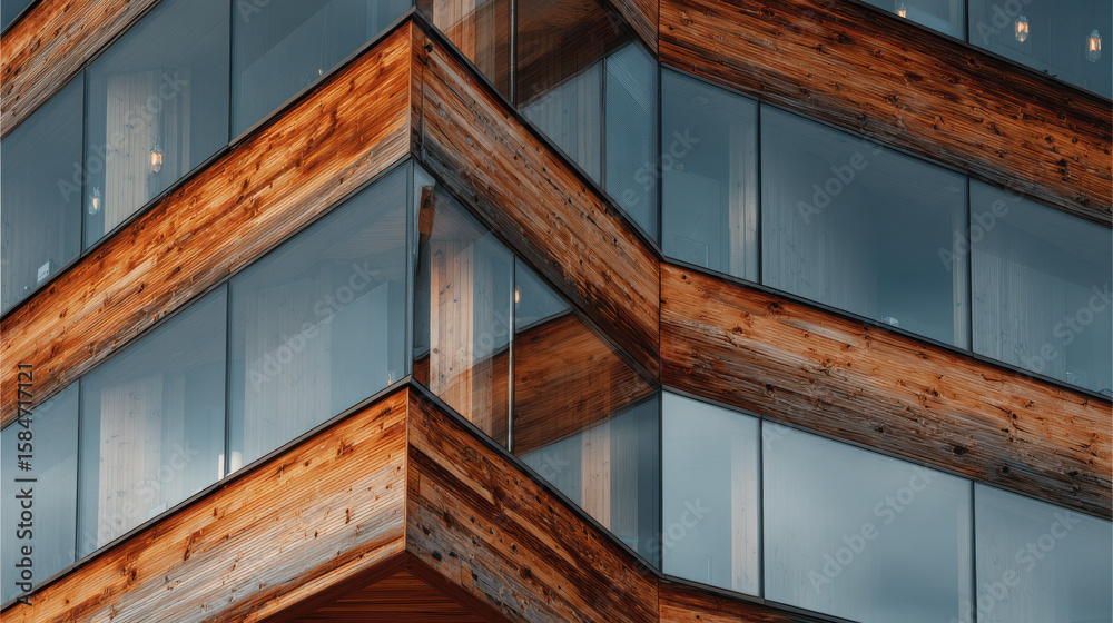 Obraz premium closeup of modern wooden building facades showcasing elegant interplay of wood and glass